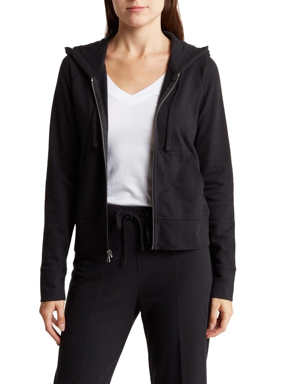 James Perse French Terry Crop Zip Hoodie-Black-2